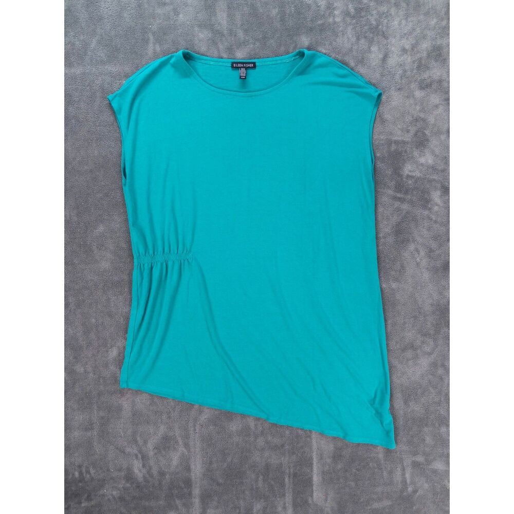 Eileen Fisher Turquoise Asymmetrical Jersey Top Ruched Stretch Womens Medium